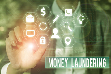 Conceptual hand writing showing Money Laundering. Concept meaning concealment of the origins of...