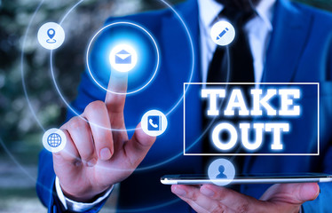 Conceptual hand writing showing Take Out. Concept meaning the act of taking out food food from the restaurant to eat outside
