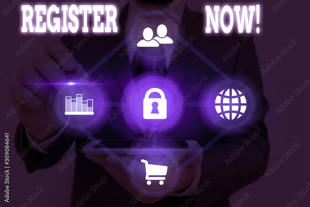 Poster writing note showing register now. business concept for official list or record showing or things in