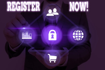 Writing note showing Register Now. Business concept for official list or record showing or things into web or forum