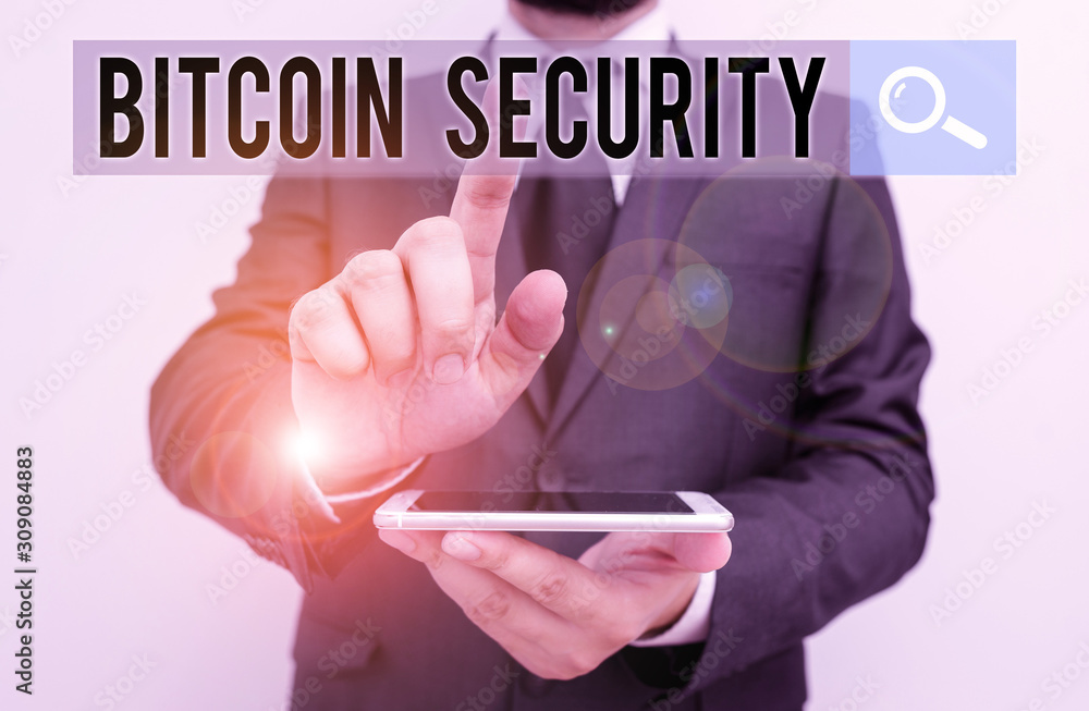 Poster writing note showing bitcoin security. business concept for funds are locked in a public key cryptog