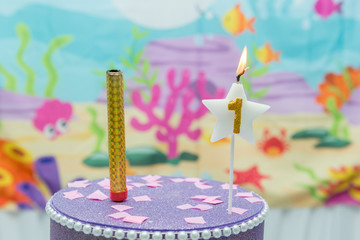 Cake table overview decorated with the seabed theme. Children's party with octopus, seahorse,...