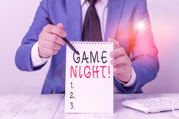 Text sign showing Game Night. Business photo showcasing usually its called on adult play dates like...