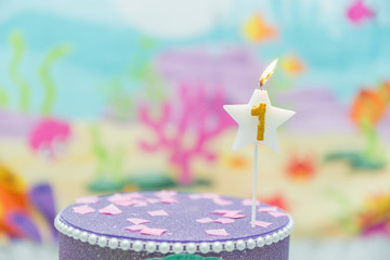 Cake table overview decorated with the seabed theme. Children's party with octopus, seahorse,...