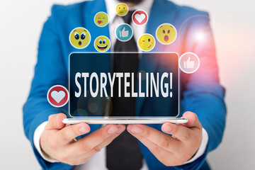 Writing note showing Storytelling. Business concept for activity writing stories for publishing them to public