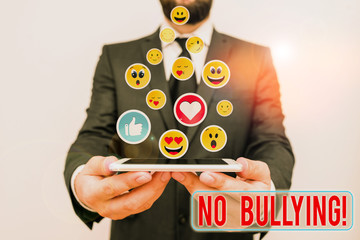 Word writing text No Bullying. Business photo showcasing stop aggressive behavior among children...
