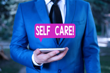 Text sign showing Self Care. Business photo text the practice of taking action to improve one s is...