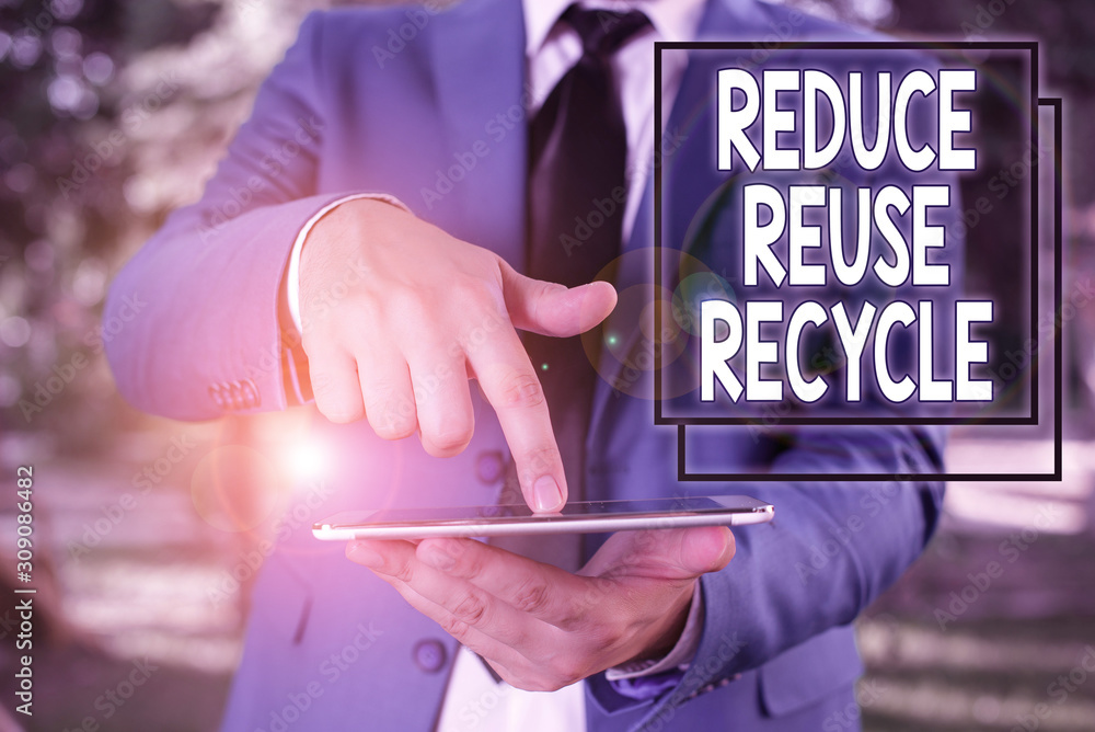 Poster conceptual hand writing showing reduce reuse recycle. concept meaning environmentallyresponsible con