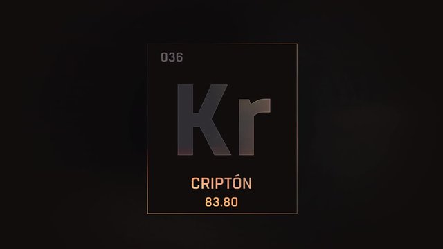 Krypton as Element 36 of the Periodic Table. Seamlessly looping 3D animation on grey illuminated atom design background with orbiting electrons. Name, atomic weight, element number in Spanish language