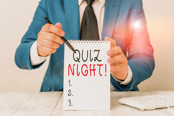 Text sign showing Quiz Night. Business photo showcasing evening test knowledge competition between...