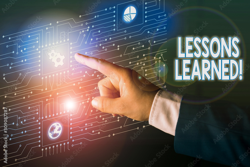 Poster handwriting text lessons learned. conceptual photo experiences distilled project that should activel