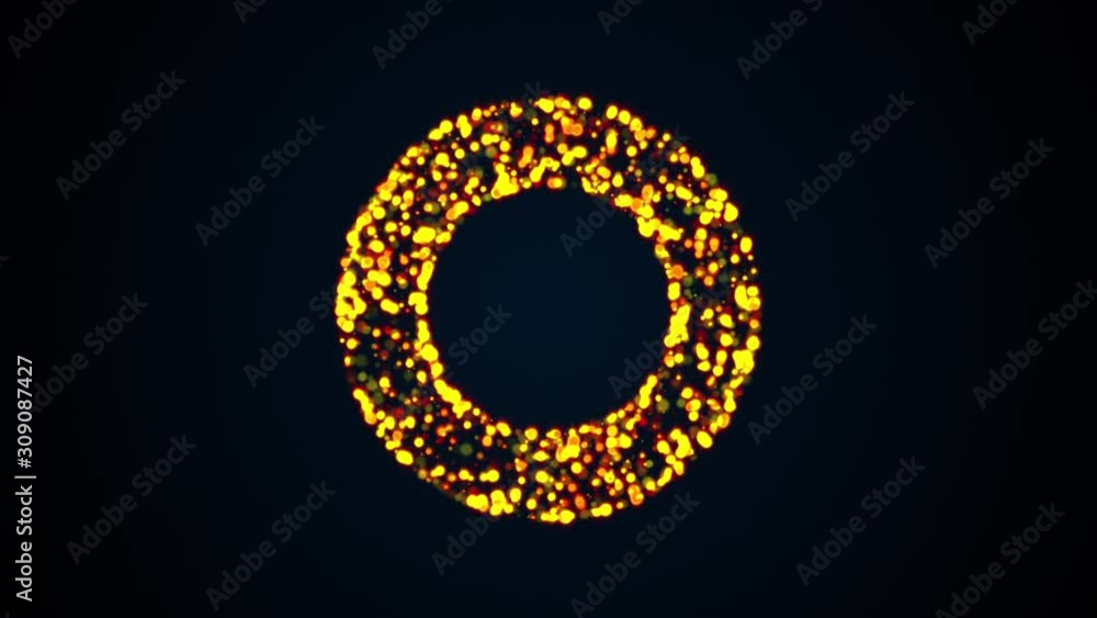 Poster circle of many flashing colored particles, computer generated. 3d rendering of art background