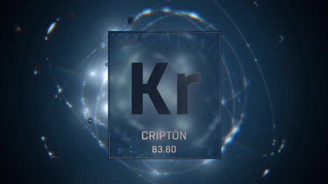 Krypton as Element 36 of the Periodic Table. Seamlessly looping 3D animation on blue illuminated atom design background with orbiting electrons. Name, atomic weight, element number in Spanish language