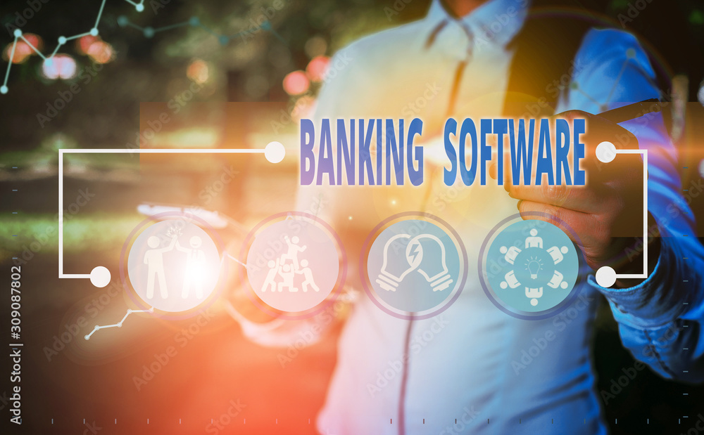 Fototapete writing note showing banking software. business concept for typically refers to core banking softwar
