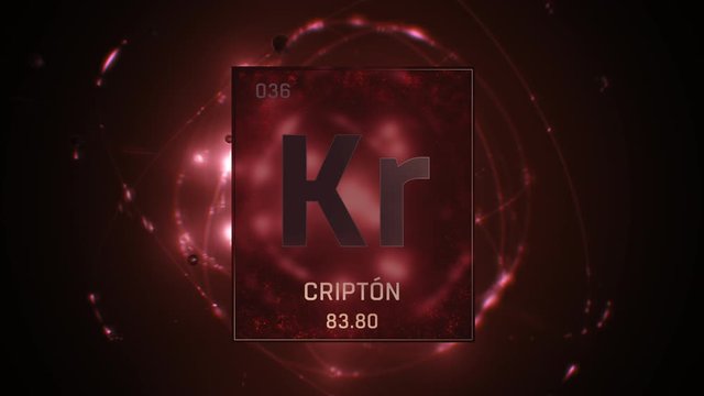 Krypton as Element 36 of the Periodic Table. Seamlessly looping 3D animation on red illuminated atom design background with orbiting electrons. Name, atomic weight, element number in Spanish language
