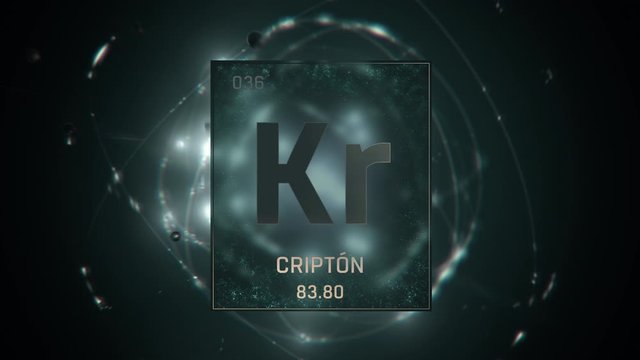 Krypton as Element 36 of the Periodic Table. Seamlessly looping 3D animation on grey illuminated atom design background with orbiting electrons. Name, atomic weight, element number in Spanish language
