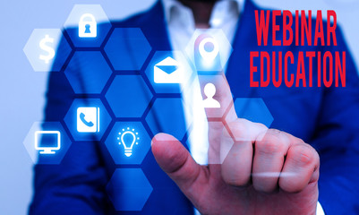 Text sign showing Webinar Education. Business photo text online meeting or presentation held via the Internet