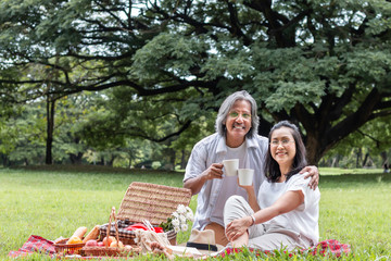 Asian senior couple drinking coffee and picnic at park.
