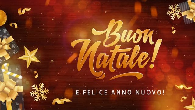 Buon Natale - Merry Christmas in Italian language red wood looped background with glitter gold elements, snowflakes, stars and calligraphy