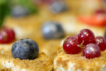 Mini cakes decorated with whipped cream and fresh red currant. Sweet tasty snacks at the party. Food photography. Lots of pastry pieces on the plate