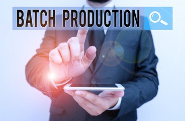 Writing note showing Batch Production. Business concept for products are analysisufactured in...