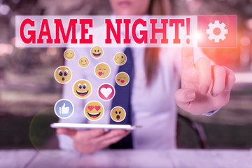 Word writing text Game Night. Business photo showcasing usually its called on adult play dates like...