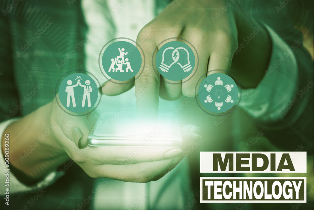 Poster writing note showing media technology. business concept for process of huanalysis origin that used t