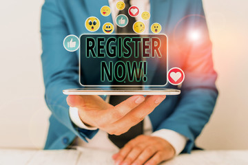 Word writing text Register Now. Business photo showcasing official list or record showing or things into forum