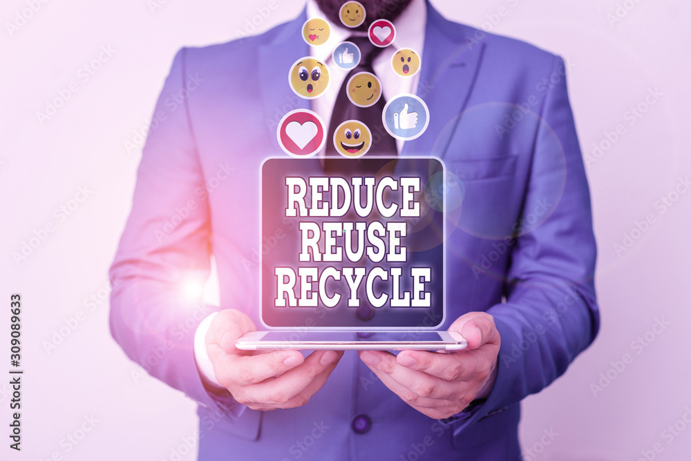 Poster handwriting text writing reduce reuse recycle. conceptual photo environmentallyresponsible consumer 