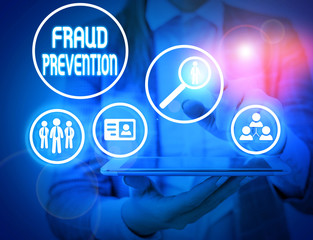 Writing note showing Fraud Prevention. Business concept for the act of stopping various types of internet fraud