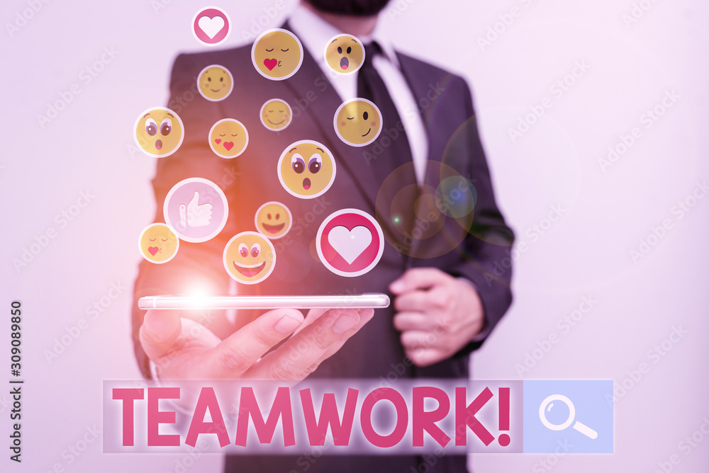 Poster text sign showing teamwork. business photo showcasing combined action of group especially when effec