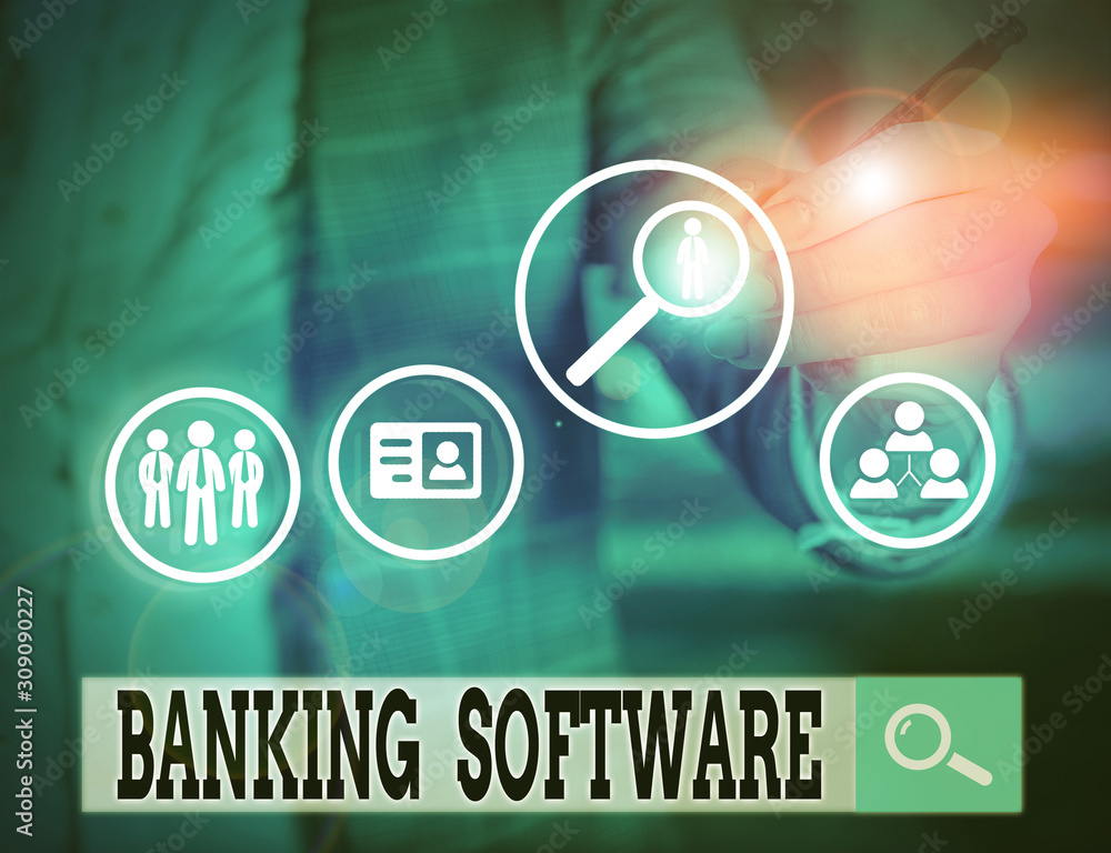 Fototapete writing note showing banking software. business concept for typically refers to core banking softwar