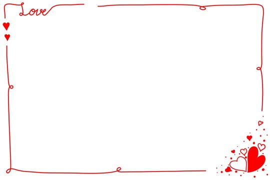 Hand drawing. Red line border with word "Love" and many hearts on white background. Cute frame. Can be use for any card, web, label, banner or brochure. Copy space for any text design. Valentine's day