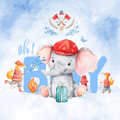 Cute baby elephant with foxes little Firefighters Watercolor hand drawn illustration on white background. Isolated cute animal. Rescue Team Baby cartoon invite Baby Shower card