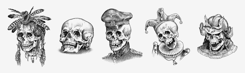 Human skull. Dead Native American Indian, knight in armor, Sailor or seaman and jester in vintage style. Retro old school sketch for tattoo. Monochrome Hand drawn engraved retro badge for t-shirt.
