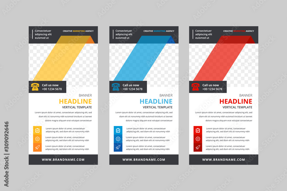 Aufkleber set of vertical flyer design in a minimalist style with a place for a photo. template of roll up ban