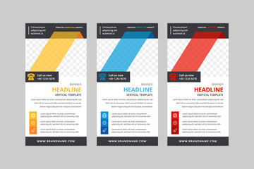 Set of vertical flyer design in a minimalist style with a place for a photo. Template of roll up banner stand,  brochures of black and white with diagonal color elements.  red, yellow and blue colors