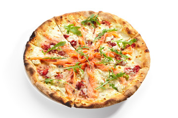 Pizza with Salmon, Cream Cheese and Fresh Rucola Leaves Isolated Side View