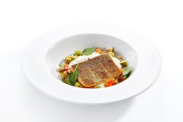 Fried Trout Fillet and Vegetable Stew with Herbs Espuma