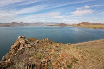 Cloudy view on a mountain lake. Mongolia