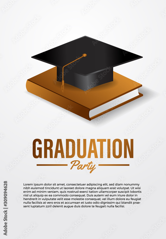 Wall mural Luxury graduation party ceremony poster banner template with 3D isometric graduation caps with golden book - Wall murals