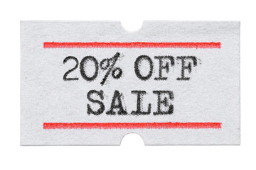 20 % OFF Sale printed on price tag sticker isolated on white