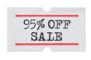 95 % OFF Sale printed on price tag sticker isolated on white