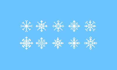 Pixel art snowflake icon set.