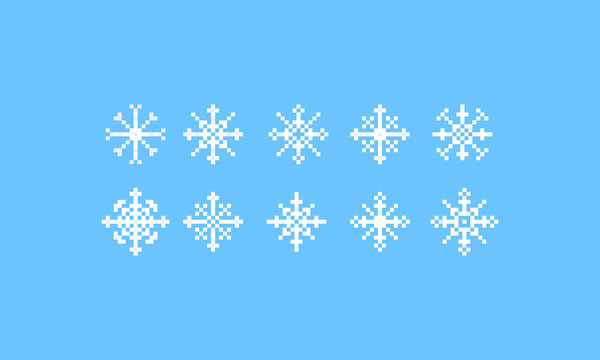 Pixel art snowflake icon set.
