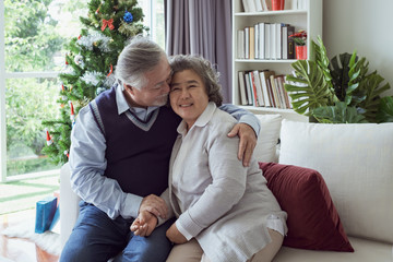 Obraz premium Happy couple old elderly senior man and woman hugging, happy with smiling together at home, retirement and healthcare lifestyle and lover concept