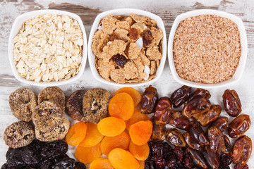 Ingredients as source natural vitamins and dietary fiber, healthy nutrition concept