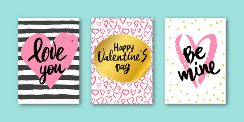set of card for Valentines Day with lettering on pink watercolor heart, strips, confetti background. Hand drawn lettering Happy Valentines day, Love You, Be mine. Vector illustration for print.