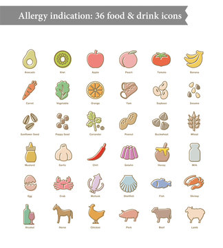 36 Food Allergen Icons Set for Restaurant Menu, Allergy Indication Vector Illustration
