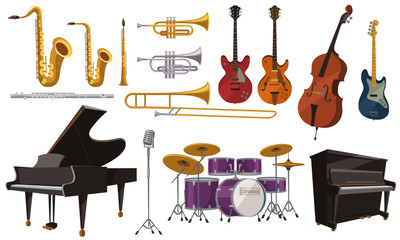 ジャズ演奏に使われる楽器いろいろ。フラットなカートゥーンスタイルのベクターイラストレーション。